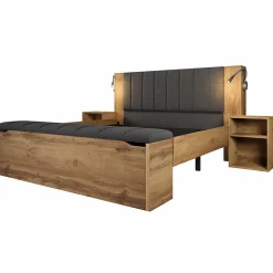 Lit adulte 160x200cm - lampe de lecture+prises chargement+banquette de rangement - 2 tables de chevet - Naturel (sans matelas)