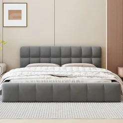 Lit adulte 160x200cm en lin avec dossier moelleux, lit plat avec sommier à lattes, gris