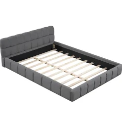 Lit adulte 160x200cm en lin avec dossier moelleux, lit plat avec sommier à lattes, gris