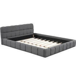 Lit adulte 160x200cm en lin avec dossier moelleux, lit plat avec sommier à lattes, gris