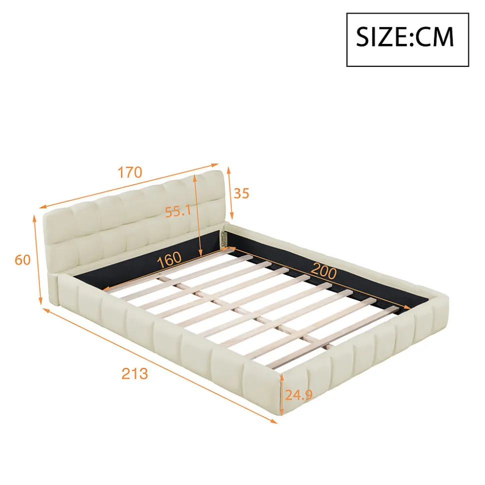 Lit adulte 160x200cm en lin avec dossier moelleux, lit plat avec sommier à lattes, beige