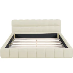 Lit adulte 160x200cm en lin avec dossier moelleux, lit plat avec sommier à lattes, beige