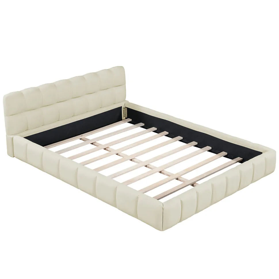 Lit adulte 160x200cm en lin avec dossier moelleux, lit plat avec sommier à lattes, beige