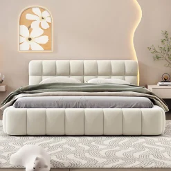 Lit adulte 160x200cm en lin avec dossier moelleux, Lit plat avec sommier à lattes, beige