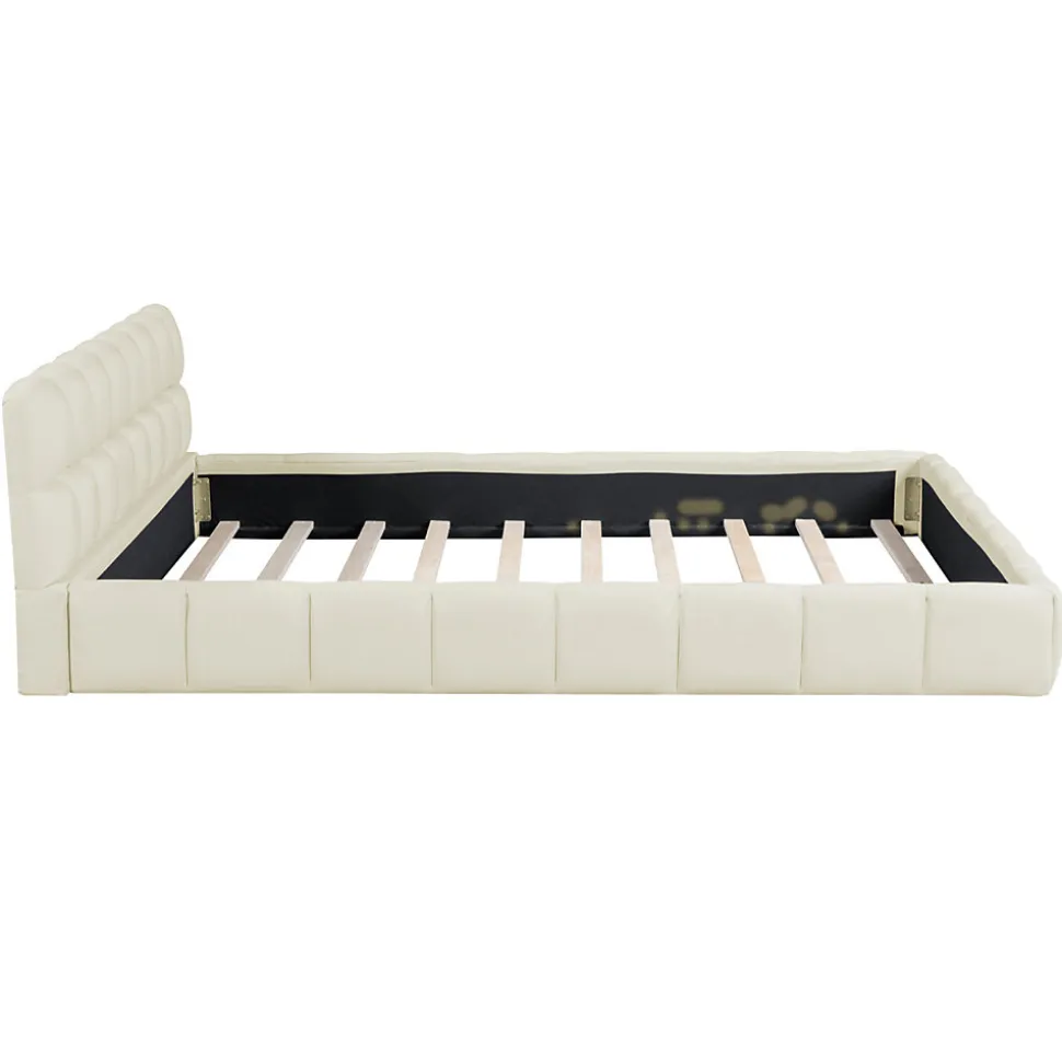 Lit adulte 160x200cm en lin avec dossier moelleux, Lit plat avec sommier à lattes, beige