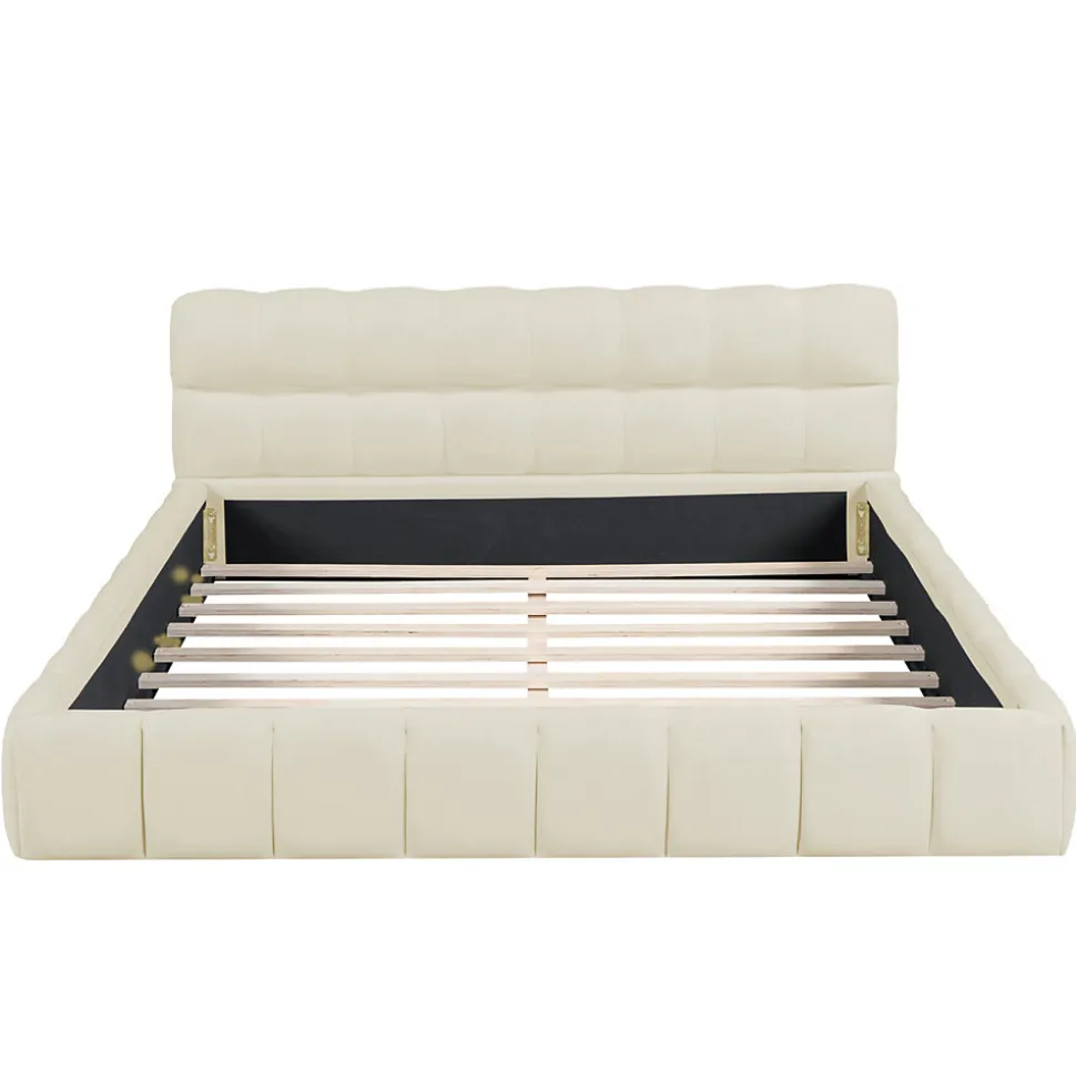 Lit adulte 160x200cm en lin avec dossier moelleux, Lit plat avec sommier à lattes, beige