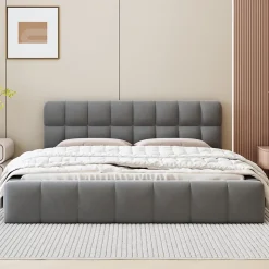 Lit adulte 160x200cm en lin avec dossier moelleux, Lit plat avec sommier à lattes, gris