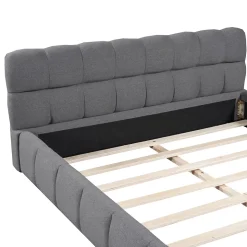 Lit adulte 160x200cm en lin avec dossier moelleux, Lit plat avec sommier à lattes, gris