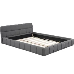 Lit adulte 160x200cm en lin avec dossier moelleux, Lit plat avec sommier à lattes, gris