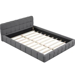 Lit adulte 160x200cm en lin avec dossier moelleux, Lit plat avec sommier à lattes, gris