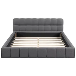 Lit adulte 160x200cm en lin avec dossier moelleux, Lit plat avec sommier à lattes, gris