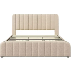 Lit Adulte 180x200cm Rembourré USB Type-C Lin Beige Blackcolors