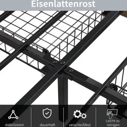 Lit adulte 140x200cm,avec LED et tiroirs, lit en fer avec tête de lit et sommier à lattes, noir