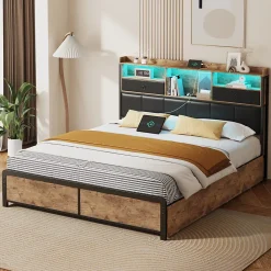 Lit adulte 140x200cm,avec LED et tiroirs, lit en fer avec tête de lit et sommier à lattes, noir