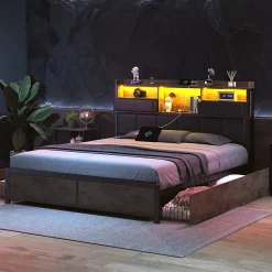 Lit adulte 140x200cm,avec LED et tiroirs, lit en fer avec tête de lit et sommier à lattes, noir