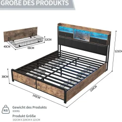 Lit adulte 140x200cm,avec LED et tiroirs, lit en fer avec tête de lit et sommier à lattes, noir