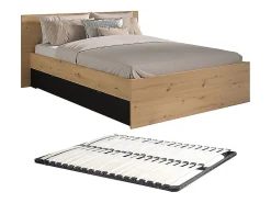 Lit avec 2 tiroirs 140 x 190/200 cm - Coloris : Naturel et noir + Sommier - VARLY