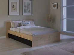 Lit avec 2 tiroirs 140 x 190/200 cm - Coloris : Naturel et noir + Sommier - VARLY