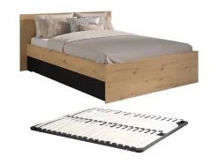 Lit avec 2 tiroirs 140 x 190/200 cm - Coloris : Naturel et noir + Sommier - VARLY