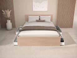 Lit avec 4 tiroirs 140 x 190 cm - Coloris : Blanc brillant et naturel - VELONA