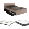 Lit avec 4 tiroirs 140 x 190 cm - Coloris : Naturel et noir + Sommier + Matelas - VELONA