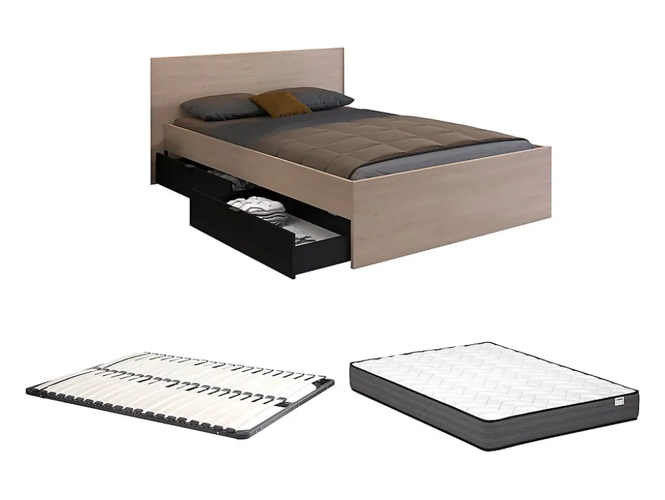 Lit avec 4 tiroirs 140 x 190 cm - Coloris : Naturel et noir + Sommier + Matelas - VELONA