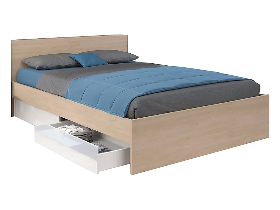 Lit avec 2 tiroirs 160 x 200 cm - Coloris : Naturel et blanc brillant - VELONA