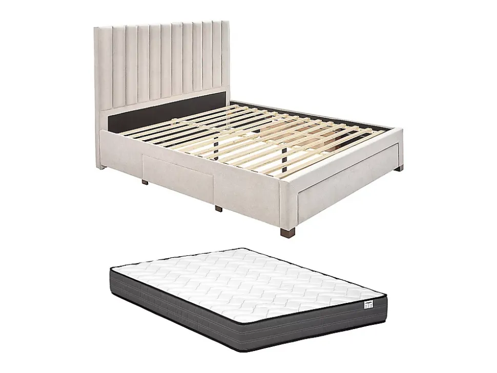 Lit avec 3 tiroirs 140 x 200 cm - Tissu - Beige + Matelas - LIAKO