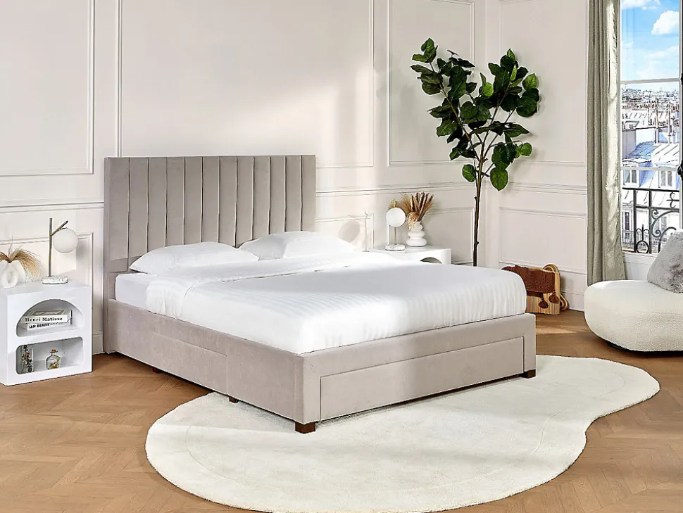 Lit avec 3 tiroirs 180 x 200 cm - Tissu - Beige + Matelas - LIAKO