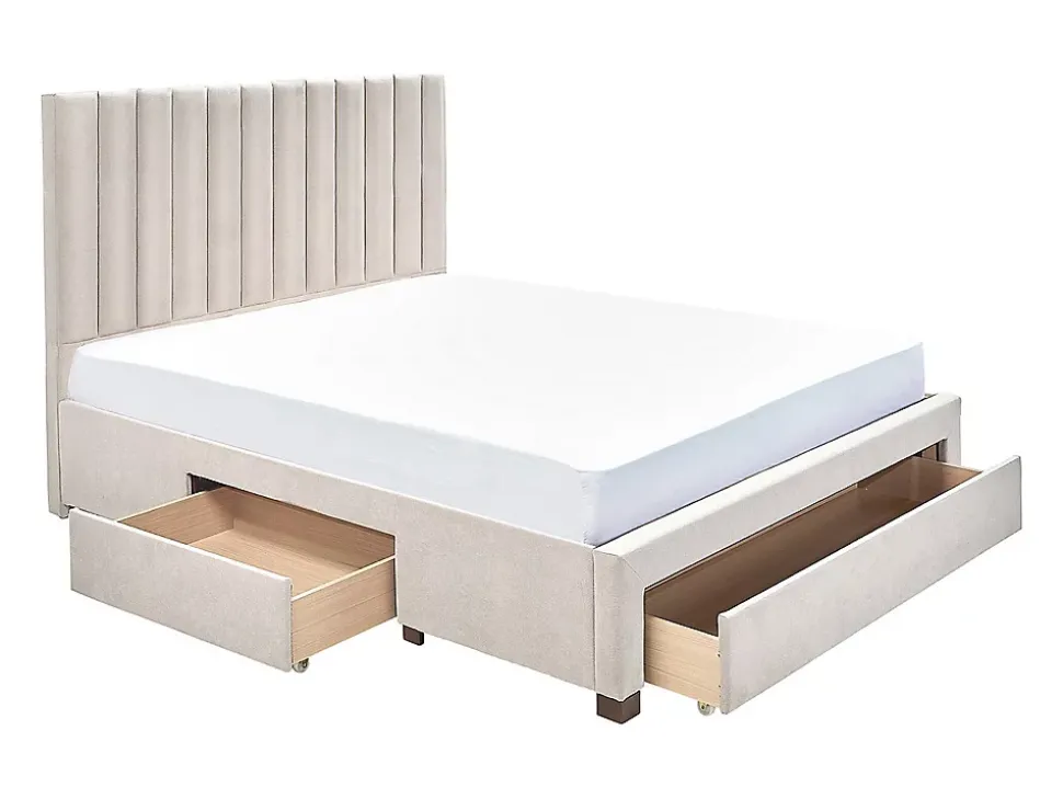 Lit avec 3 tiroirs 180 x 200 cm - Tissu - Beige + Matelas - LIAKO