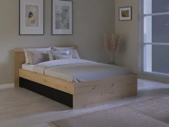 Lit avec 2 tiroirs 160 x 200 cm - Coloris : Naturel et noir + Sommier - VARLY