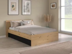 Lit avec 2 tiroirs 160 x 200 cm - Coloris : Naturel et noir + Sommier - VARLY