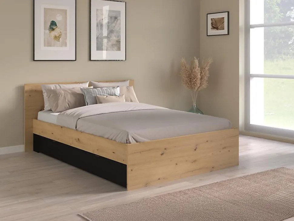 Lit avec 2 tiroirs 160 x 200 cm - Coloris : Naturel et noir + Sommier - VARLY
