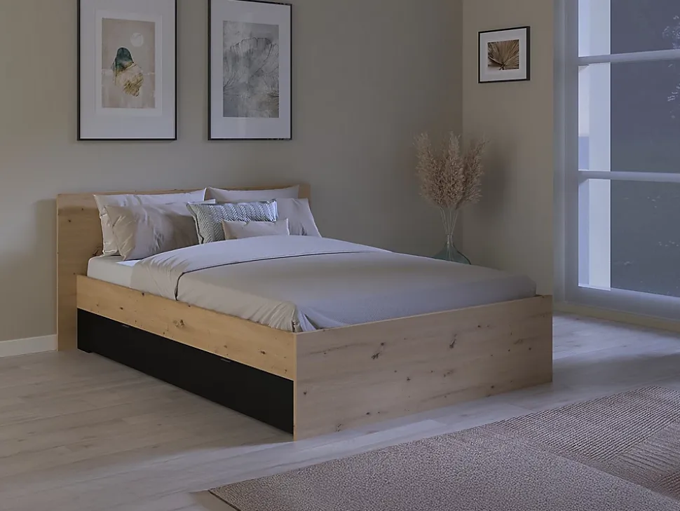 Lit avec 2 tiroirs 160 x 200 cm - Coloris : Naturel et noir - VARLY