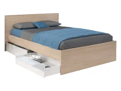 Lit avec 2 tiroirs 140 x 190 cm - Coloris : Naturel et blanc brillant - VELONA