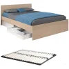 Lit avec 2 tiroirs 160 x 200 cm - Coloris : Naturel et blanc brillant + sommier - VELONA