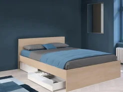 Lit avec 2 tiroirs 160 x 200 cm - Coloris : Naturel et blanc brillant + sommier - VELONA
