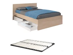 Lit avec 2 tiroirs 140 x 190 cm - Coloris : Naturel et blanc brillant + sommier - VELONA