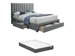 Lit avec 3 tiroirs 160 x 200 cm - Tissu - Gris + Matelas - LIAKO
