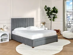 Lit avec 3 tiroirs 160 x 200 cm - Tissu - Gris + Matelas - LIAKO