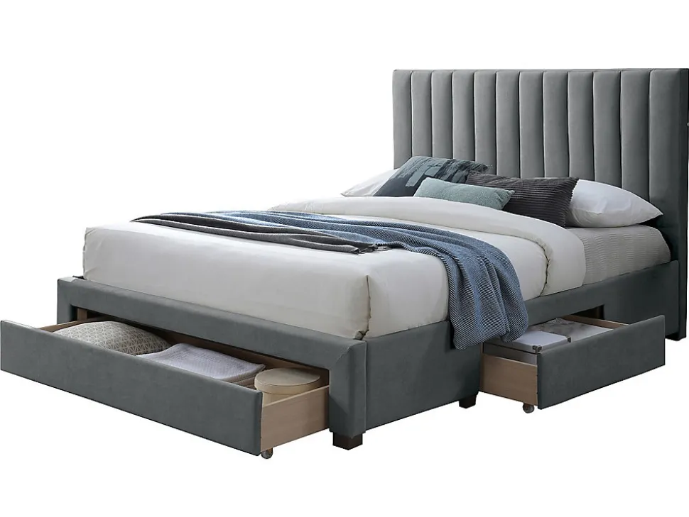 Lit avec 3 tiroirs 160 x 200 cm - Tissu - Gris + Matelas - LIAKO