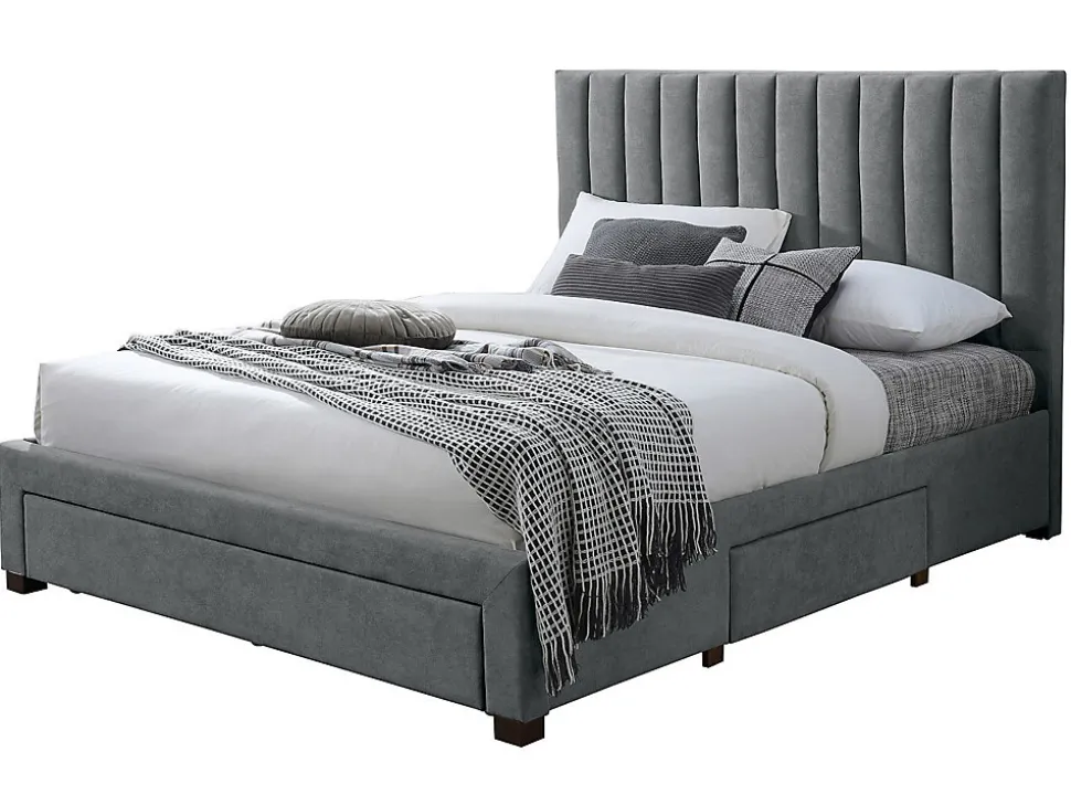 Lit avec 3 tiroirs 160 x 200 cm - Tissu - Gris + Matelas - LIAKO