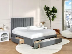 Lit avec 3 tiroirs 160 x 200 cm - Tissu - Gris + Matelas - LIAKO