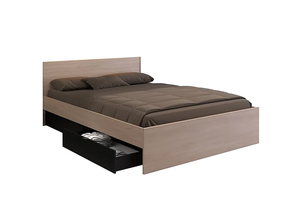 Lit avec 2 tiroirs 160 x 200 cm - Coloris : Naturel et noir + sommier - VELONA