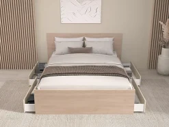 Lit avec 4 tiroirs 160 x 200 cm - coloris : Naturel et beige + Sommier - VELONA