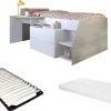 Lit avec bureau et rangements - 90 x 190/200 cm - Blanc et naturel + Sommier + Matelas - GISELE