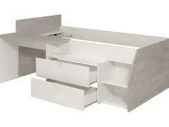 Lit avec bureau et rangements - 90 x 190/200 cm - Blanc et naturel + Sommier + Matelas - GISELE