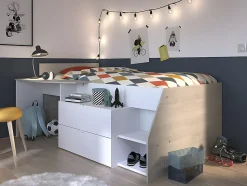 Lit avec bureau et rangements - 90 x 190/200 cm - Blanc et naturel + Sommier + Matelas - GISELE