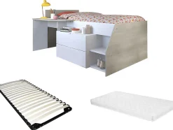 Lit avec bureau et rangements - 90 x 190/200 cm - Blanc et naturel + Sommier + Matelas - GISELE