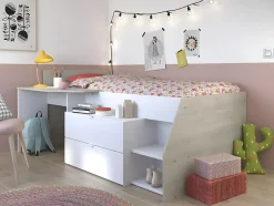 Lit avec bureau et rangements - 90 x 190/200 cm - Blanc et naturel - GISELE